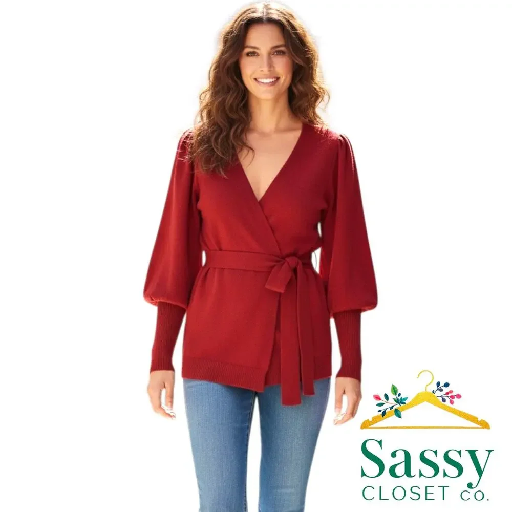 Cabi Gala Cardigan M Red Ribbed Belted Puff Sleeve Wrap Sweater 100 Cotton 5634